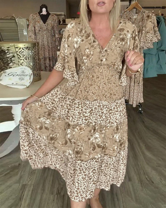 Kleid V-Ausschnitt Lotusärmel Blume