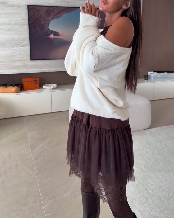 Off-Shoulder Locker Pullover & Spitzensaum Kleid