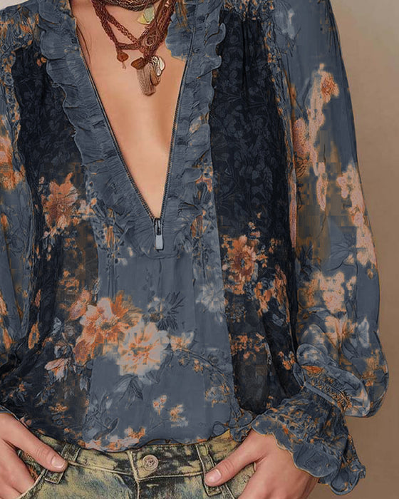 Halbreißverschluss Blumenprint Bluse