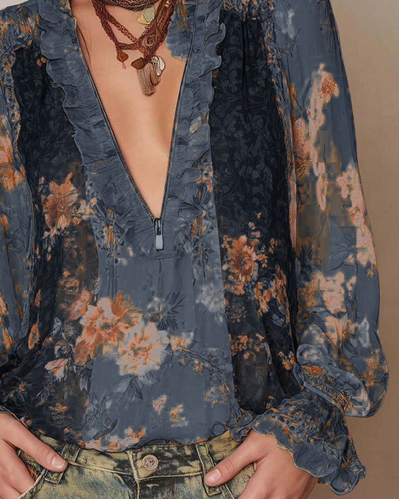 Halbreißverschluss Blumenprint Bluse
