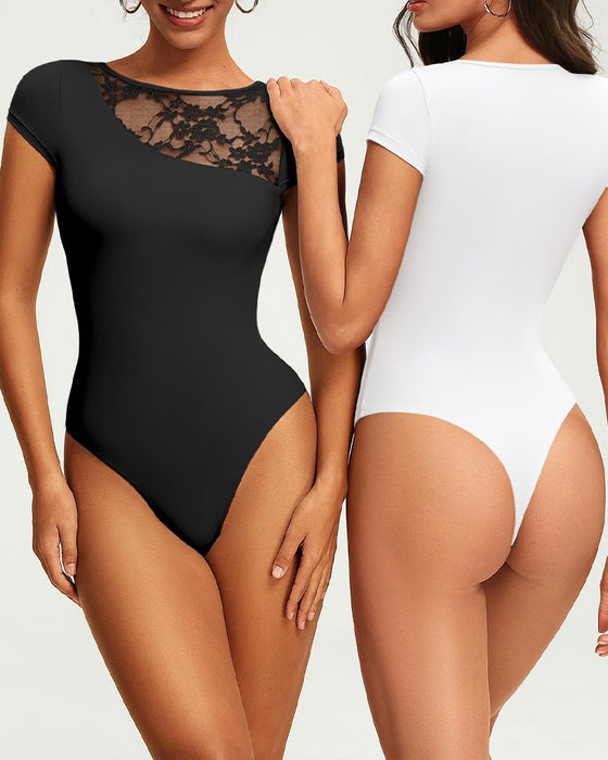 T-Shirt Sheer Spitze Panel Figurbetont Bodysuit