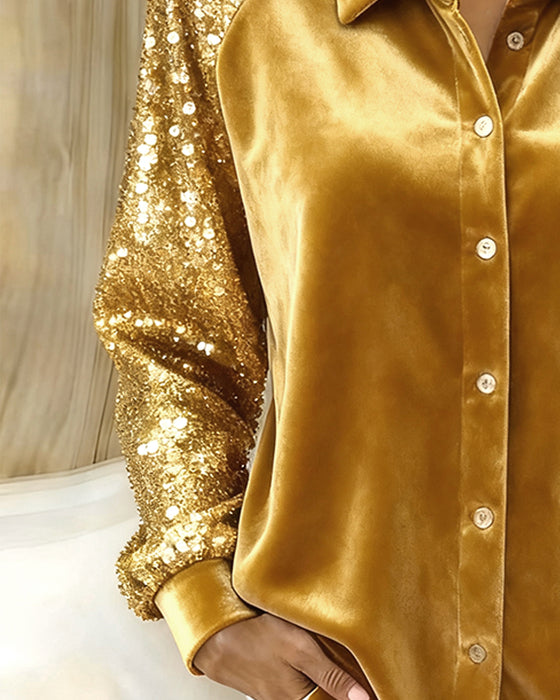 Langärmeliges Hemd mit Pailletten auf den Revers
