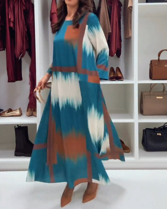 Modisches bedrucktes Kleid mit Rundhalsausschnitt und langen Ärmeln