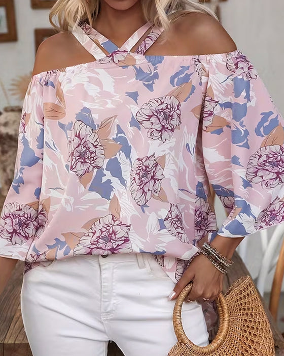 Bluse Blumen Kreuz Off-Shoulder