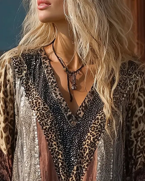 Bluse Leopard Patchwork V-Ausschnitt Print