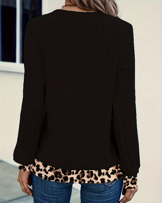 Oberteil Langarm V-Ausschnitt Leopard Patchwork