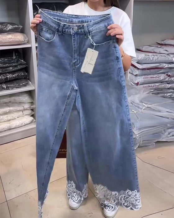 Hose Casual Unifarben Weites Bein Denim