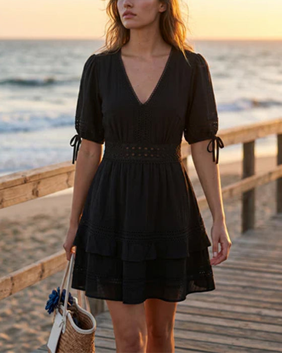 Kleid V-Ausschnitt Gestuft Einfarbig Spitze Patchwork