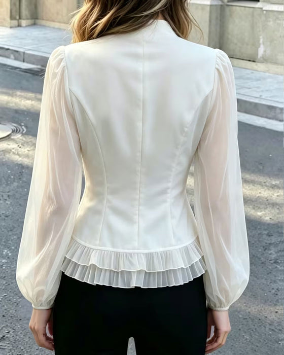 Bluse Mini Mandarin Kragen Sheer Rüsche