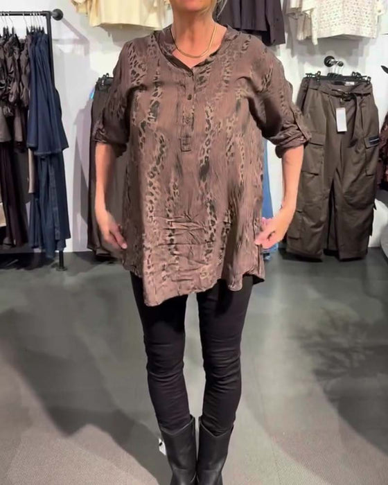 Bluse V-Ausschnitt Knopf Vorne Leopard Druck Locker
