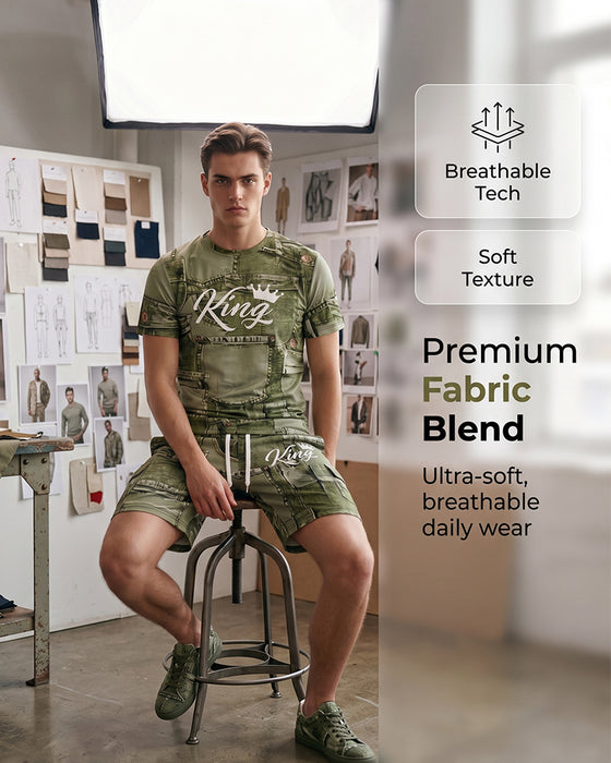 Herren-Set Mit Rundhals-Monogramm-T-Shirt Und Kordelzug-Shorts