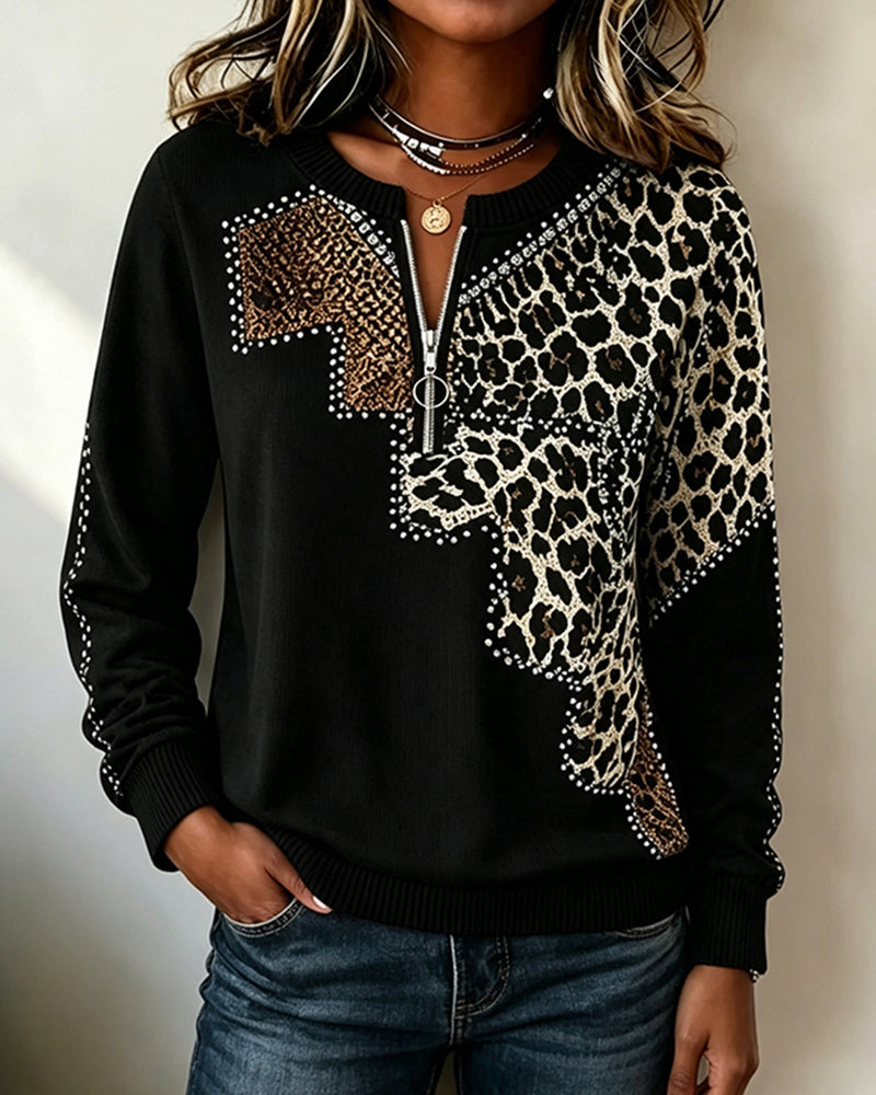 Sweatshirts Rundhals Reißverschluss Leopard