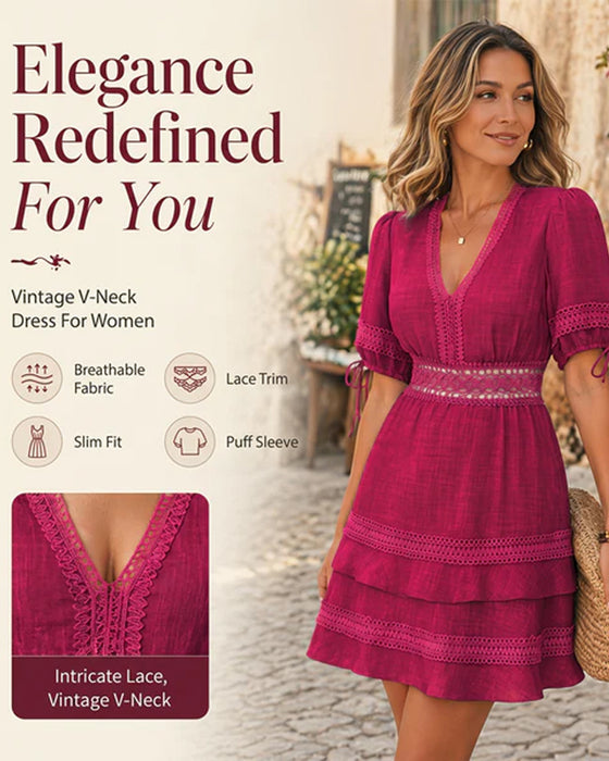 Kleid V-Ausschnitt Gestuft Einfarbig Spitze Patchwork