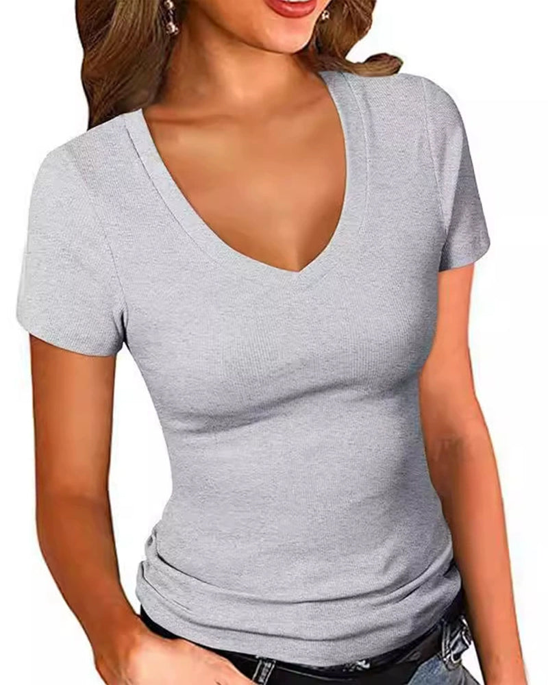 T-Shirt Gerippt Slim Fit V-Ausschnitt Kurzarm