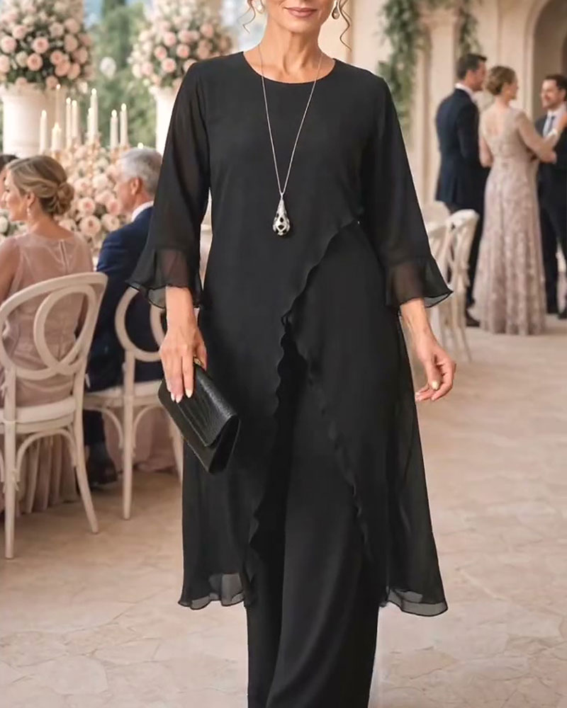 Bluse Rundhals Rüsche Schlitz Lang