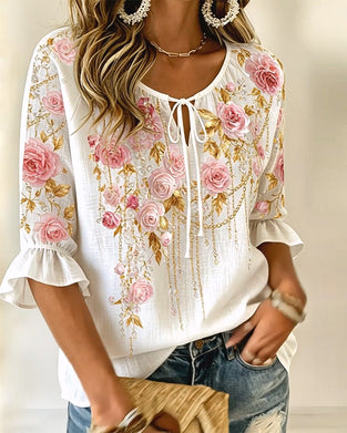 Bluse Rosenprint Lässig Bindung