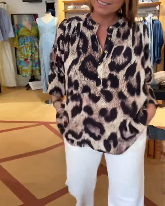 Bluse Lockeres Leopardenmuster Halbe Knopfleiste