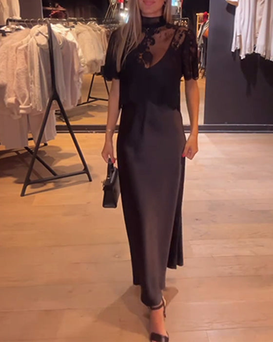 Set aus Spitzen und Meshbluse mit drapiertem Slipkleid