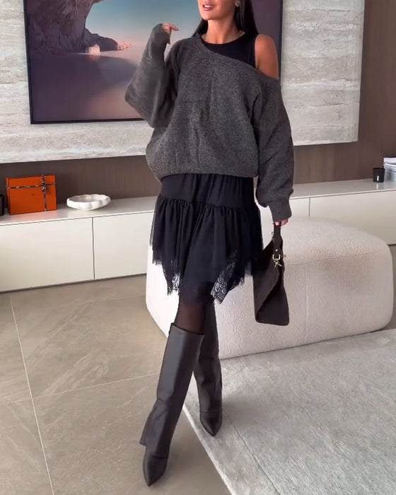 Off-Shoulder Locker Pullover & Spitzensaum Kleid