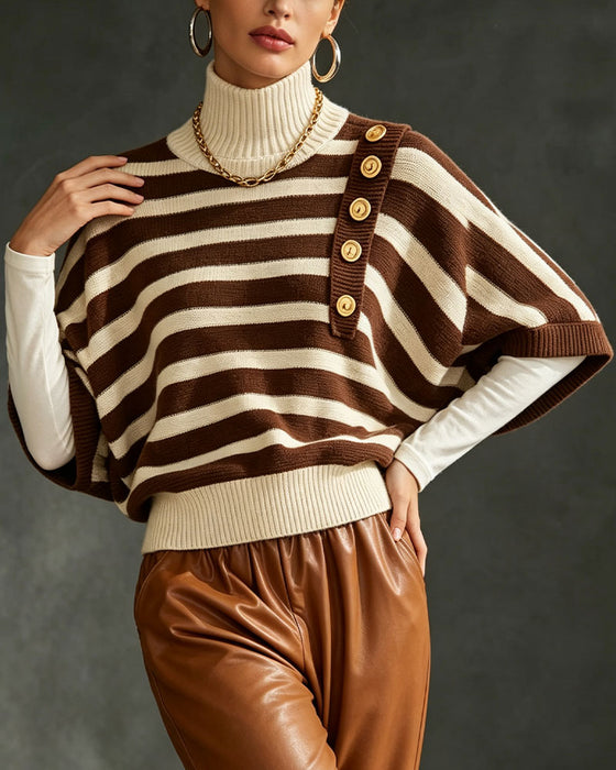 Pullover Rollkragen Knopf Gestreift Halbarm Sweater