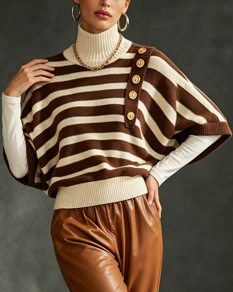 Pullover Rollkragen Knopf Gestreift Halbarm Sweater
