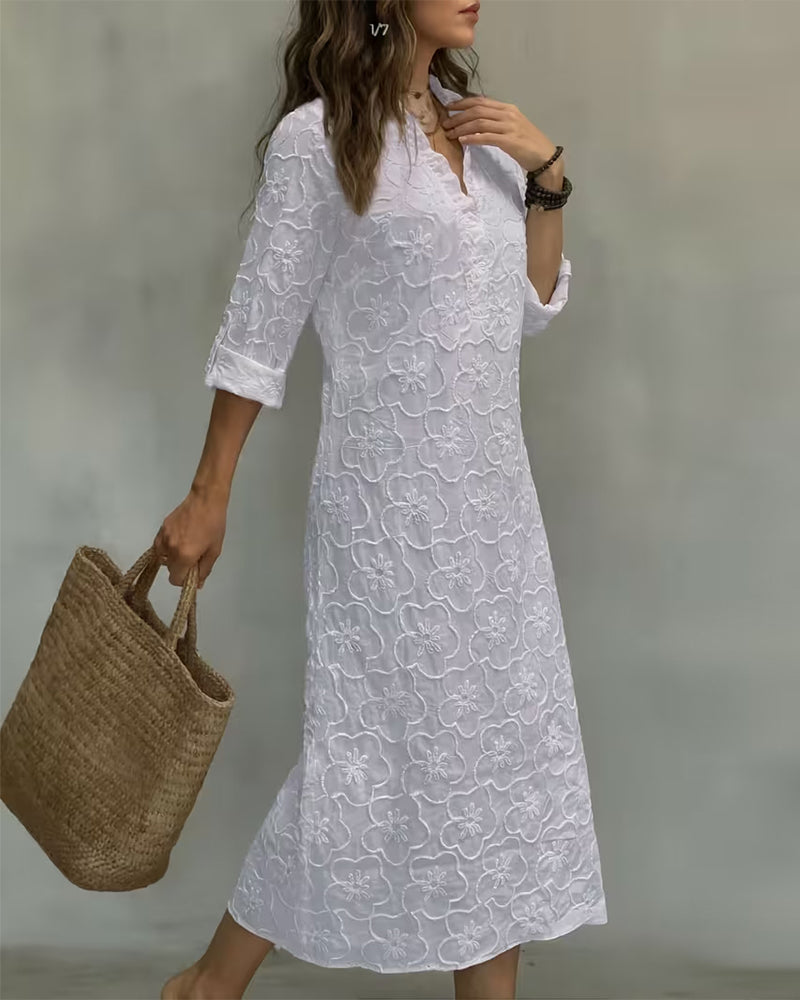 Kleid V-Ausschnitt Spitze Besatz Einfarbig