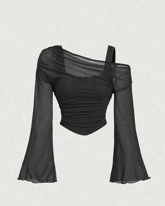 Bluse Netz Rüsche Langarm Cami