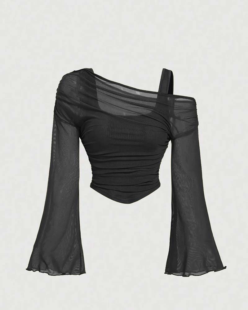 Bluse Netz Rüsche Langarm Cami