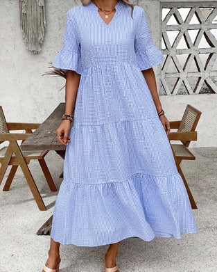 Kleid Blau Weiß Gingham V-Ausschnitt