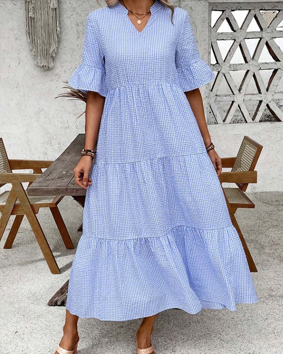 Kleid Blau Weiß Gingham V-Ausschnitt