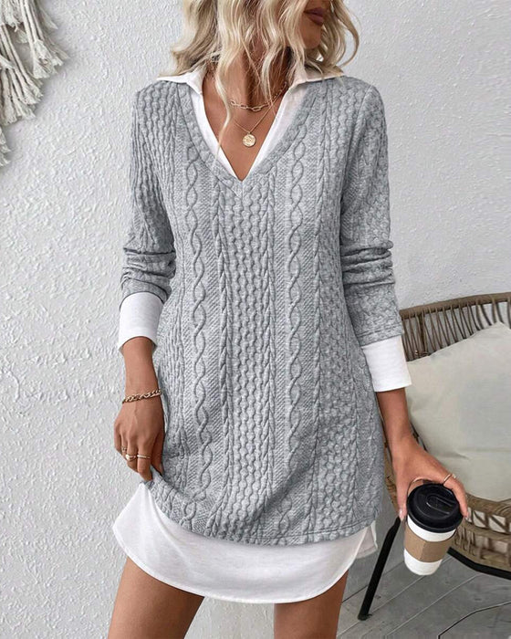 Kleid Hemdkragen Fake Zweiteilig Gestrickt