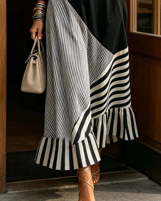Kleid V-Ausschnitt Streifen Patchwork Rüsche