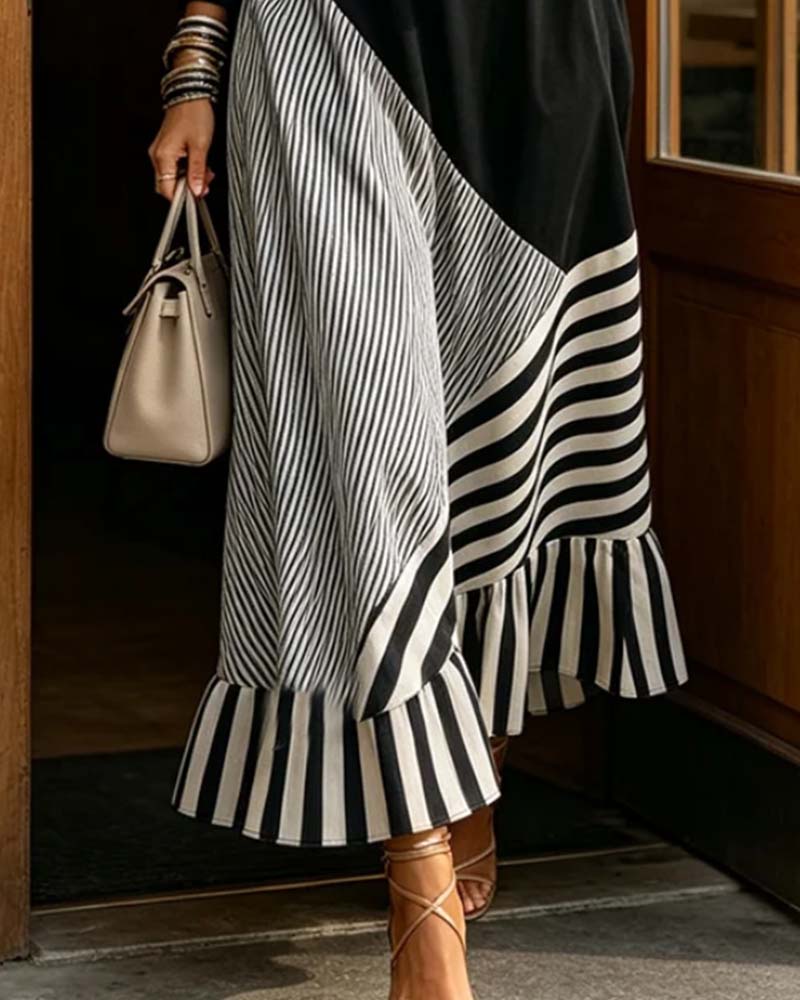 Kleid V-Ausschnitt Streifen Patchwork Rüsche