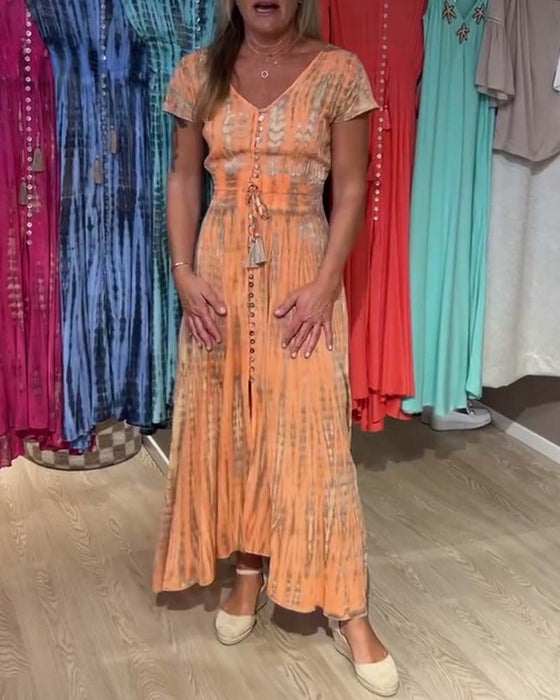 Kleid V-Ausschnitt Tie-Dye Kurzarm