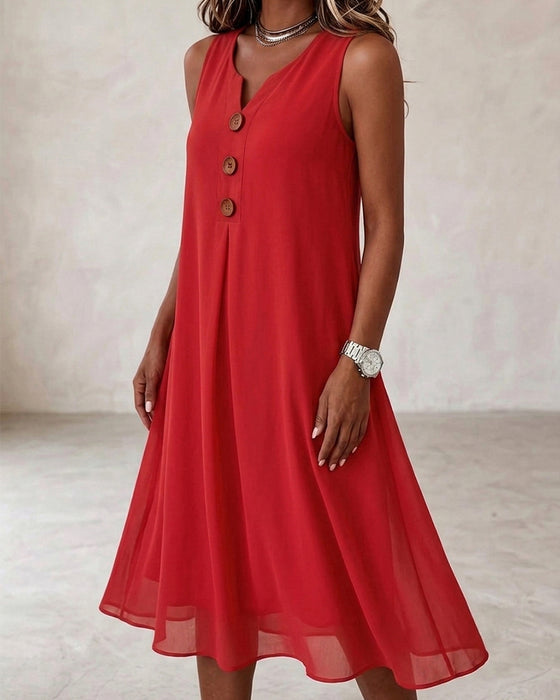 Kleid Knopf Gerafft Ärmellos