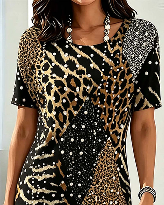 Kleid Leopardenmuster Rundhals Kurzarm Patchwork
