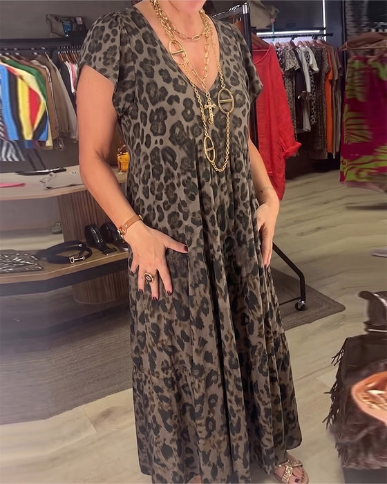 Kleid V-Ausschnitt Leopard Kurzarm
