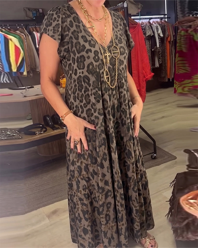 Kleid V-Ausschnitt Leopard Kurzarm
