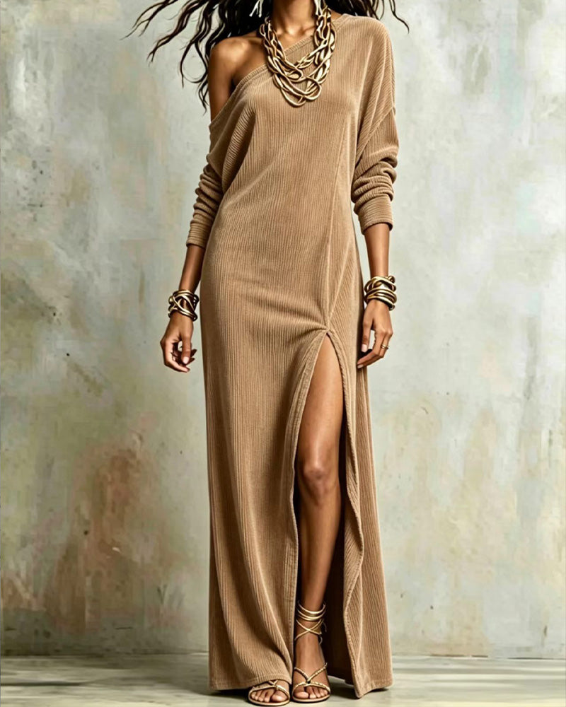 Kleid Unifarbe Ein Schulter Schlitz