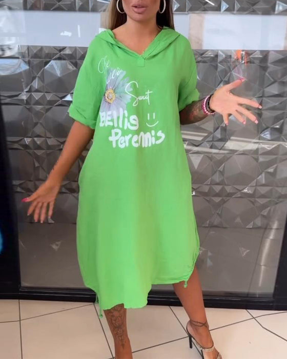 Kleid Mit Kapuze Bedruckt Lässig Gerade