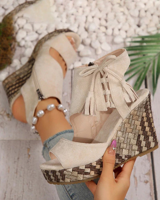 👡Damen-Sandalen mit offener Zehenpartie und Plateau-Keilabsatz und Quaste