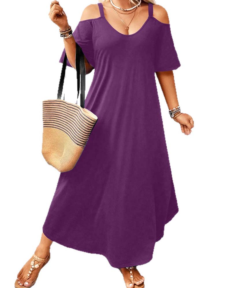 Kleid Einfarbig V-Ausschnitt Off-Shoulder Lang
