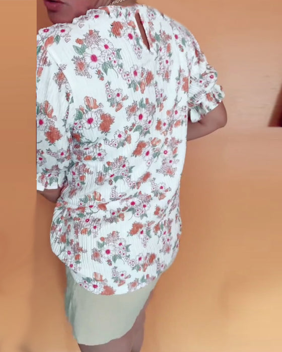 Bluse Rundhals Blumen Kurzarm