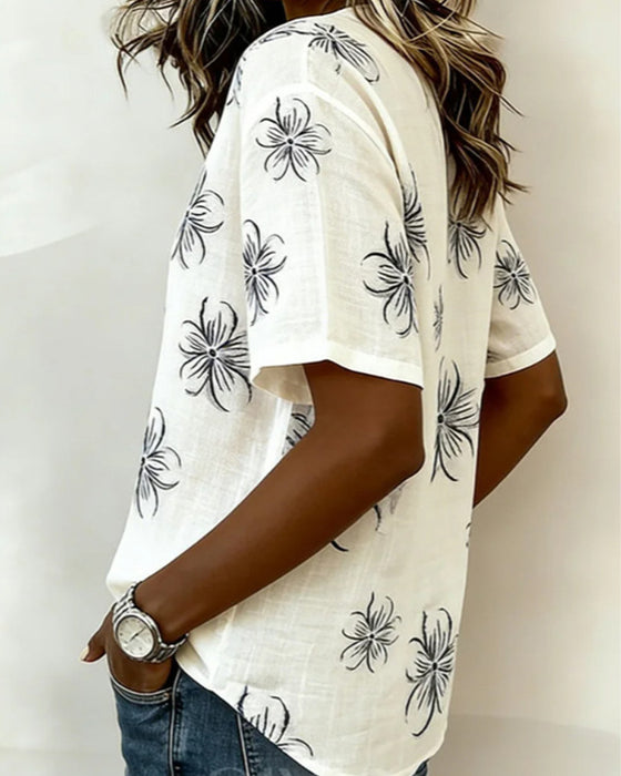 Bluse Rundhals Knopfleiste Blumen Freizeit