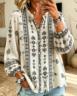 Bluse V-Ausschnitt Spitzen-Besatz Puff-Ärmel Druck