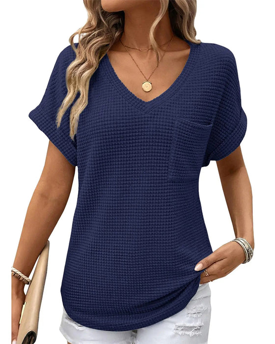 T-Shirt Damen Waffelstrick V-Ausschnitt Lässig Sommer
