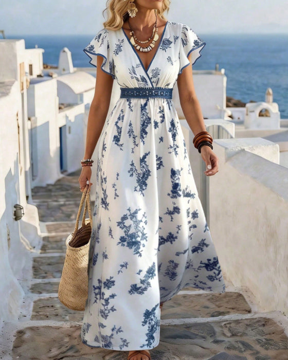 Kleid V-Ausschnitt Taillengerafft Blumen Maxi