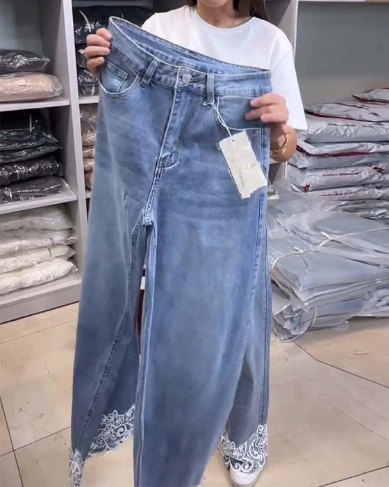 Hose Casual Unifarben Weites Bein Denim