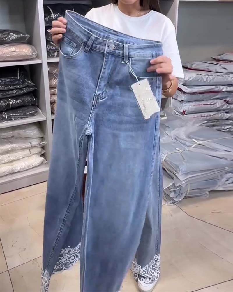 Hose Casual Unifarben Weites Bein Denim