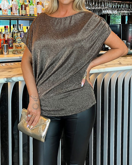 Bluse Rundhals Gekräuselt Locker Glänzend